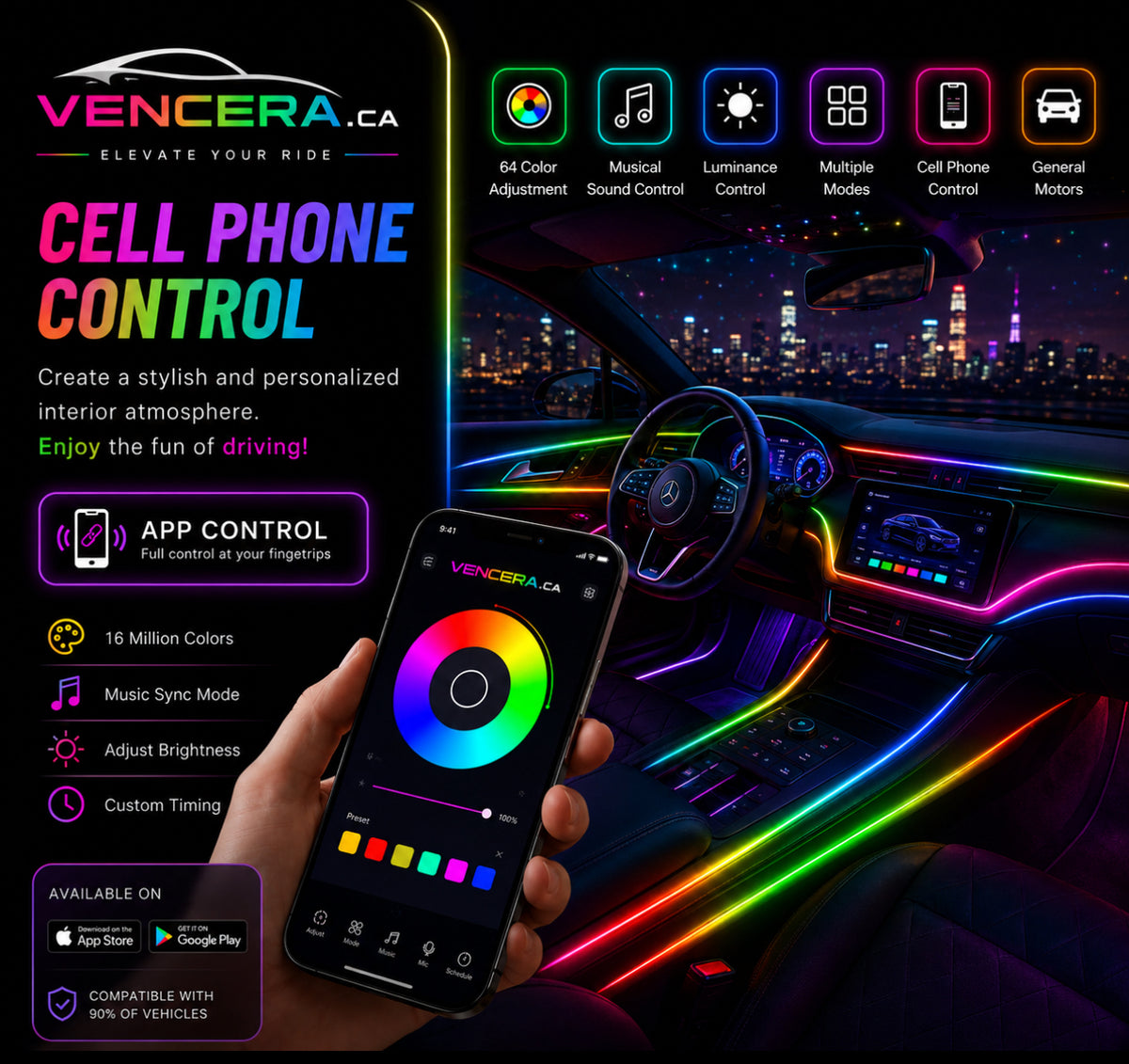 LED Interior Strip Lights 16 Million Colors RGB Ambient Lighting Kit 5 in 1 Bluetooth App Control Sound Active Universal
